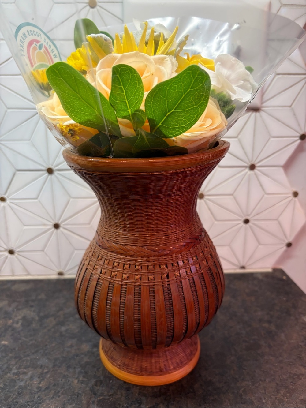 Vintage Woven Bamboo Flower Vase with Metal Liner, Handwoven Rattan Basket Vase